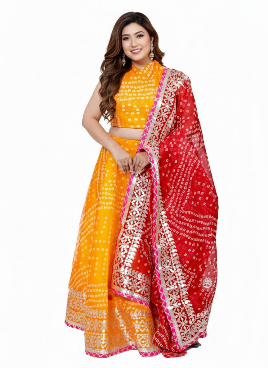 Women's Kota Doria Bandhani Print Lehenga Choli, Green and Pink, with Heavy Gota Patti Border and Designer Dupatta-image-17