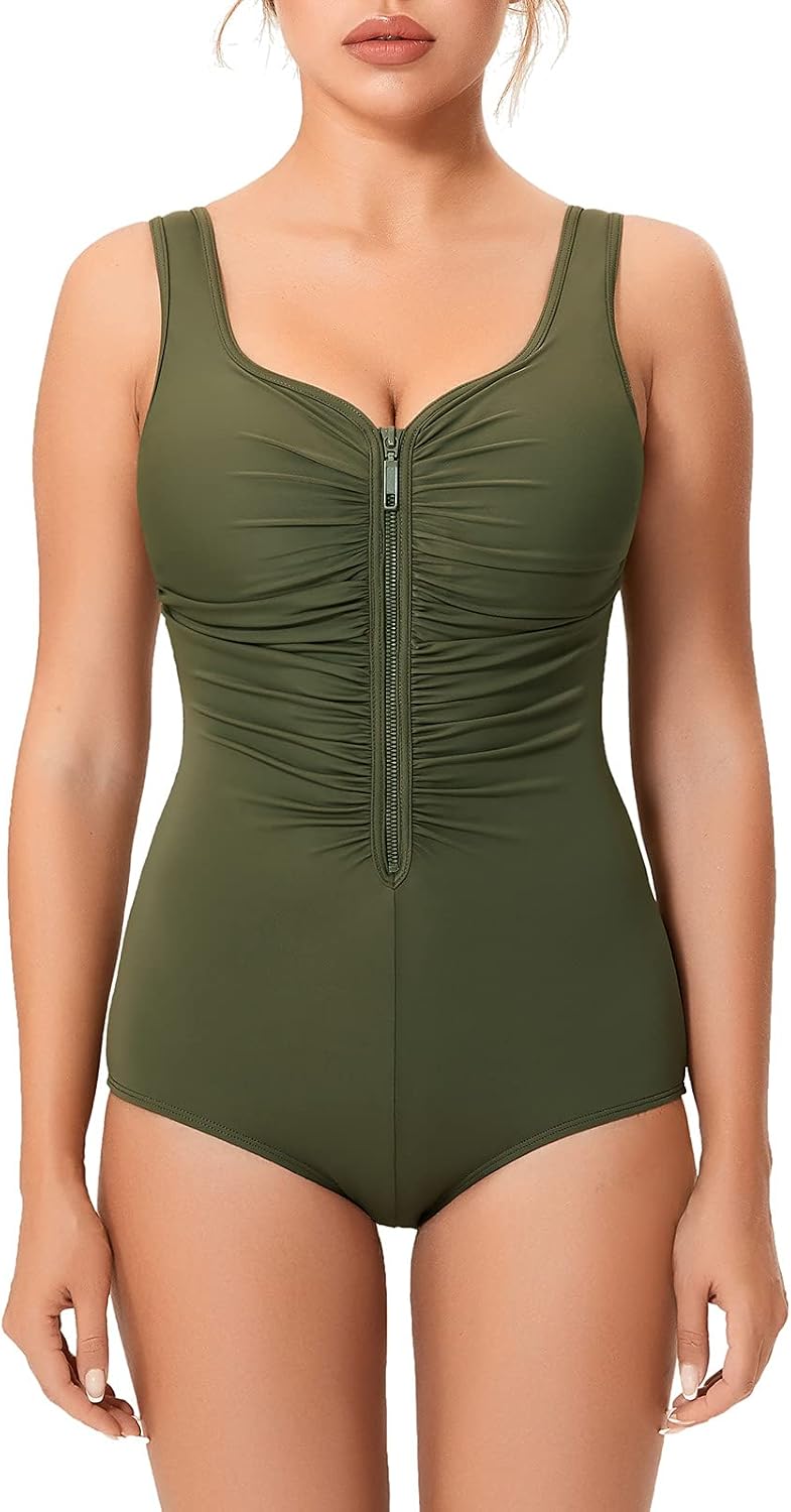 DELIMIRA Women's One Piece Bathing Suit Plus Size Swimsuit Tummy Control Front Zipper Swimwear