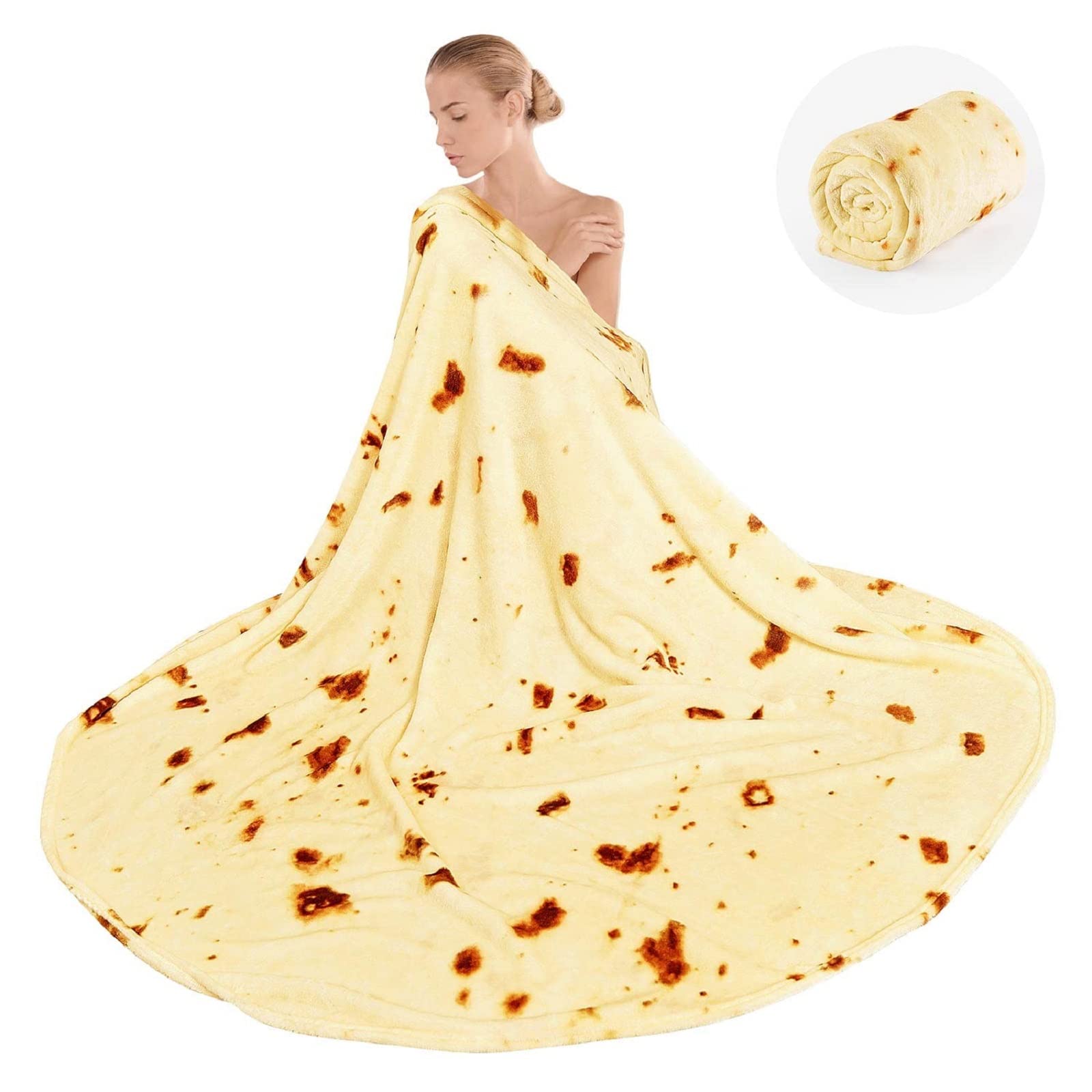 THE WHITE SHOP Burrito Blanket, Giant Flour Tortilla Blanket, Soft and Cozy Kids Flannel Tortilla Blanket. (burritos, 60 inches) (dark and yellow burritos)