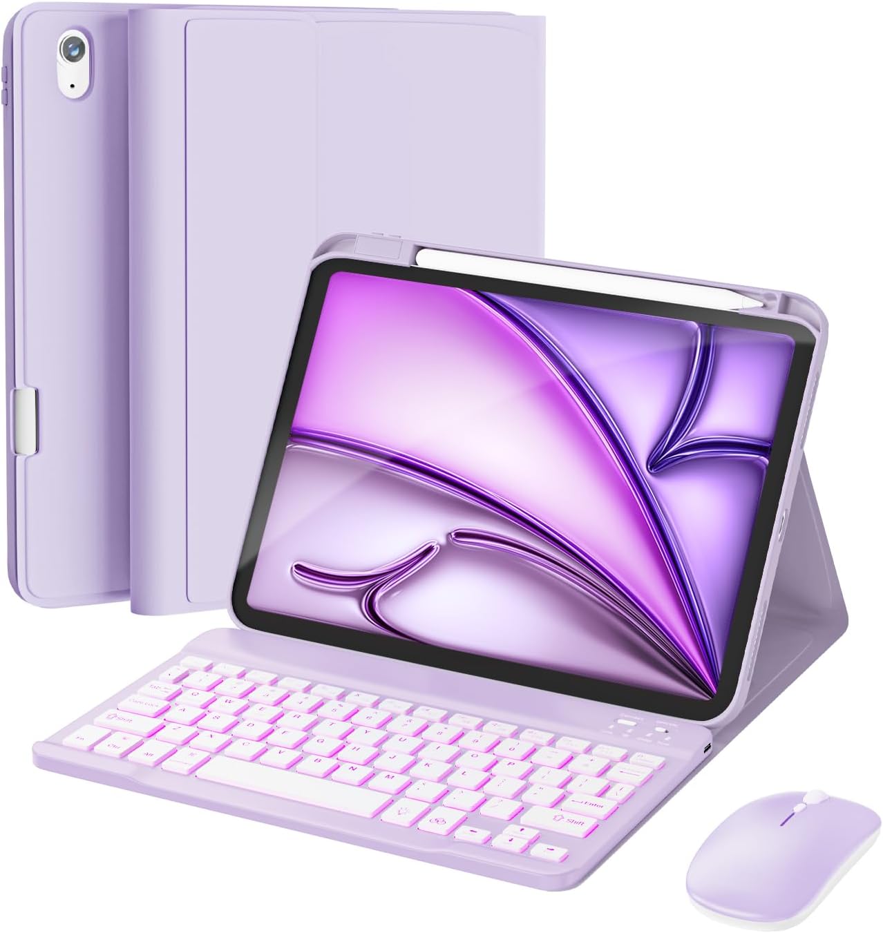 RAYMCRAFT for iPad Air 11-inch Case with Keyboard M4/M3/M2 (2026/2025/2024), Mouse and Detachable Wireless Keyboard Combo for iPad Air 5th/4th 10.9-inch, 7-Color Backlight with Pencil Holder, Purple