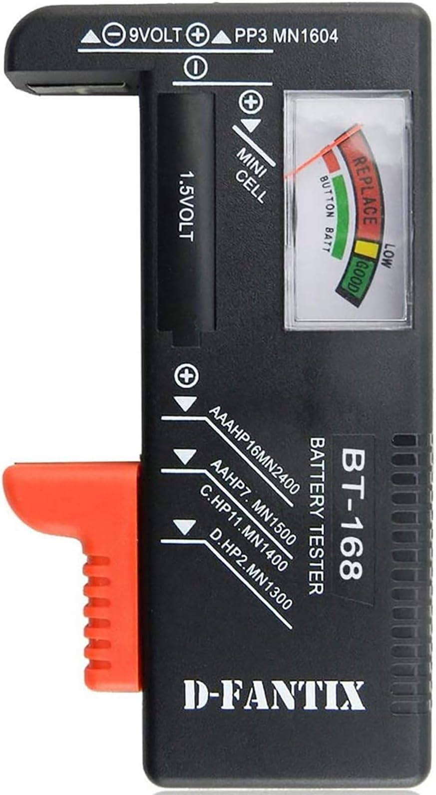 D-FantiX Battery Tester, Universal Battery Checker Small Battery Testers for AAA AA C D 9V 1.5V Button Cell Household Batteries Model BT-168