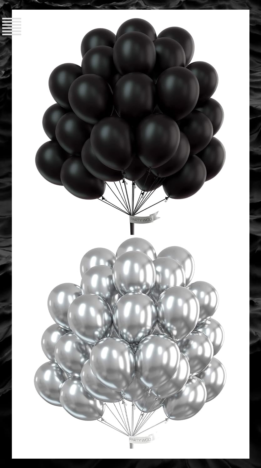 PartyWoo Black Balloons 50 pcs 12 Inch and Metallic Silver Balloons 50 pcs 12 Inch - New Year's Eve Set