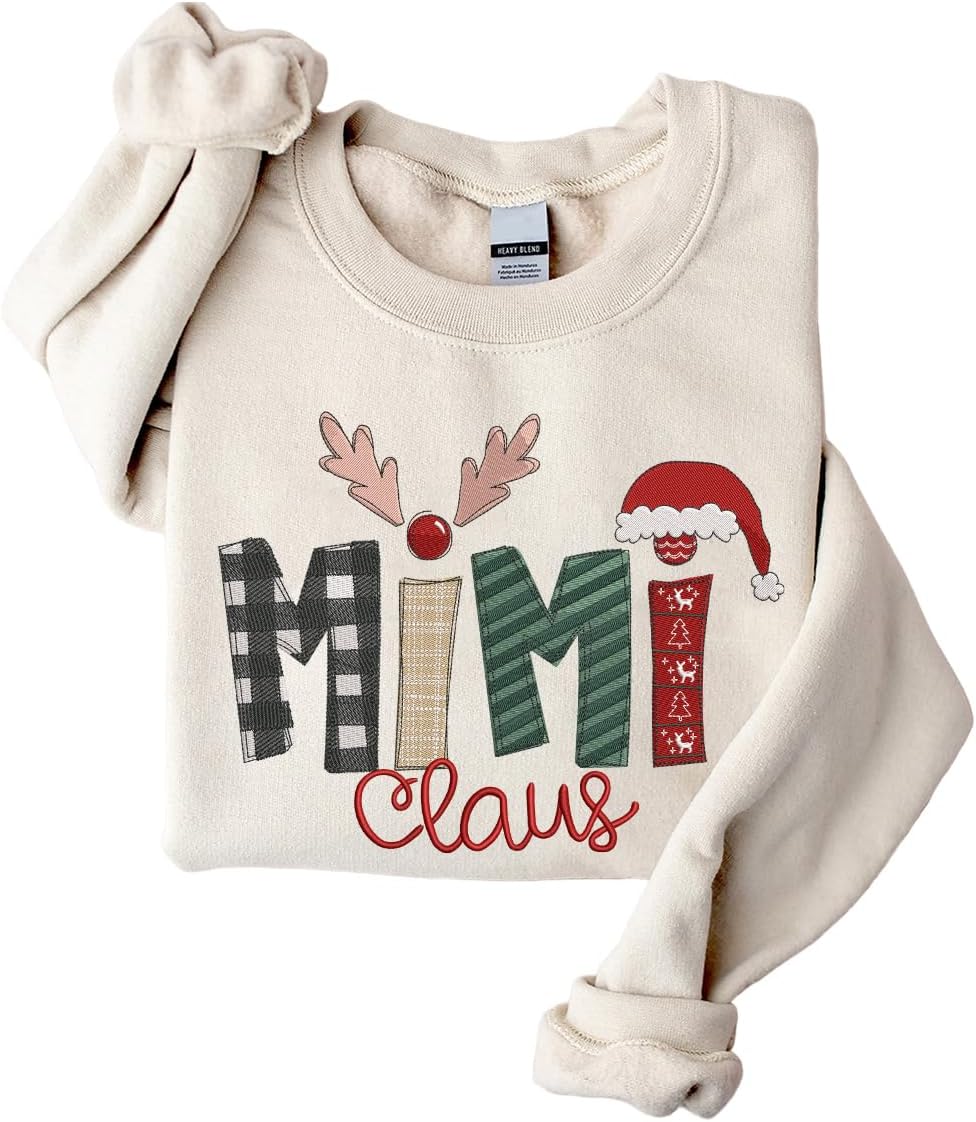 POPPOP Christmas Claus Embroidery Sweatshirt, Custom Mama Grandma Gigi Mimi Nickname, Gifts for Women Sweater