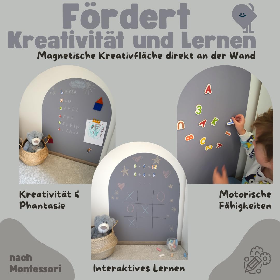 Lukada Magnetfolie | Magnetisch Selbstklebende Tafelfolie | 80 x 100cm rund Bogen Wand | Beschreibbar & Abwischbar Kreidefolie | Magnettafel Kind für Magnete | Magnetwand Kinderzimmer (Grau)