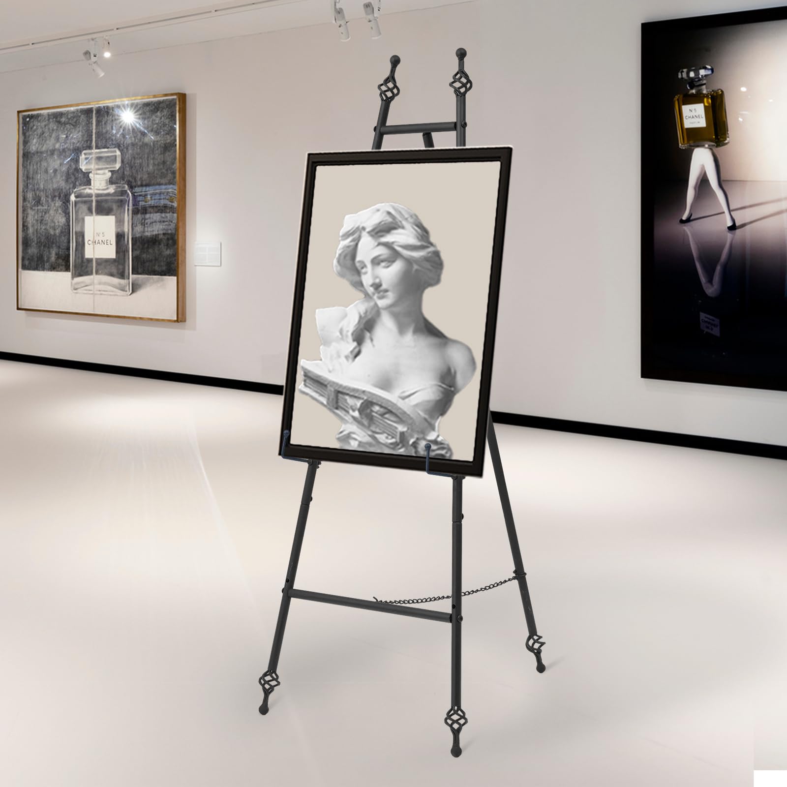 Metall-Staffelei mit Kettenstütze für Spiegel, Eisen-Bodenstaffeleien für Display, Hochzeitsschild, 147 cm, verstellbare Kunst- und Bastelstaffeleien (schwarz)