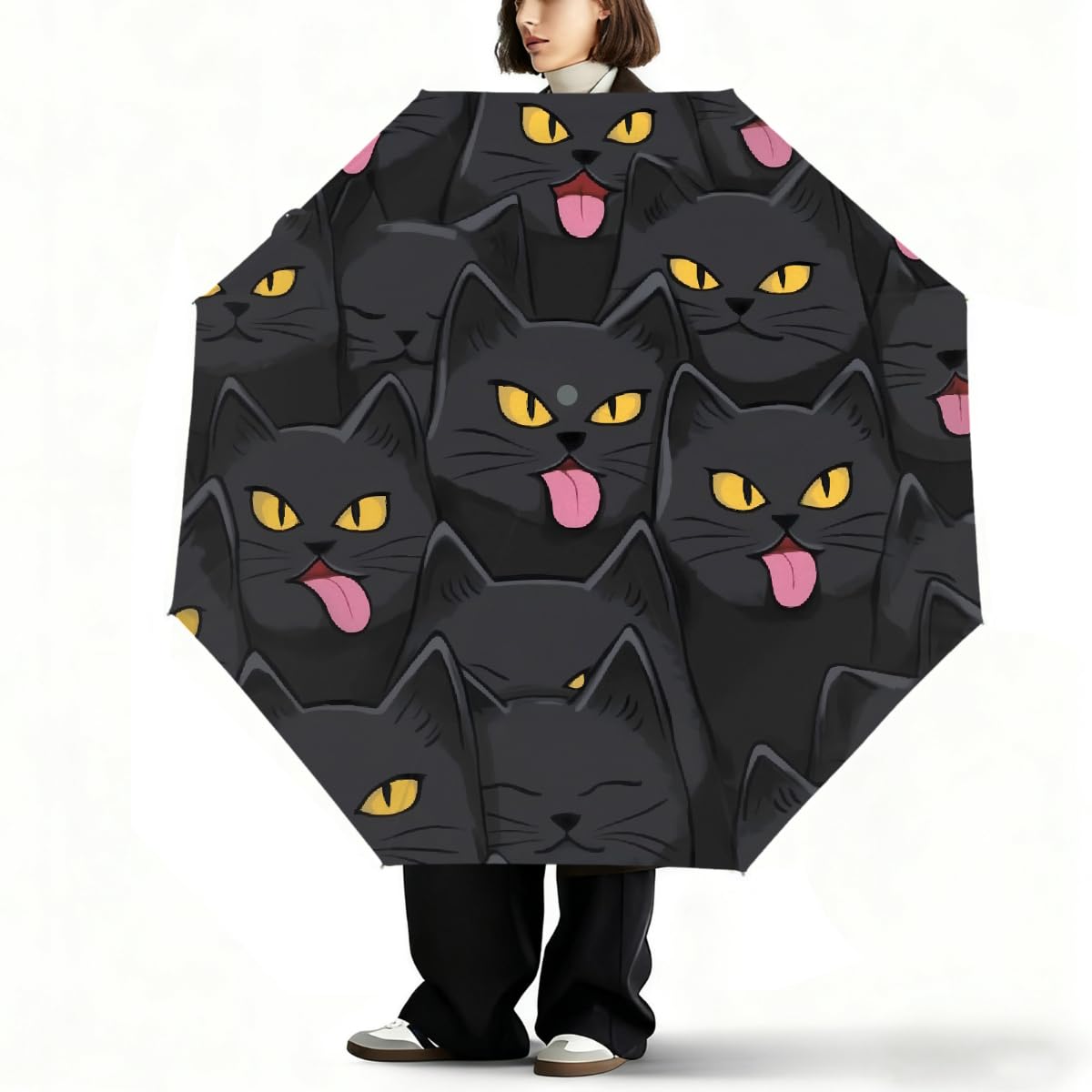 Ombrello pieghevole con motivo gatto nero divertente ombrello da viaggio compatto antivento impermeabile con protezione UV rivestimento nero leggero 8 coste portatile per pioggia sole