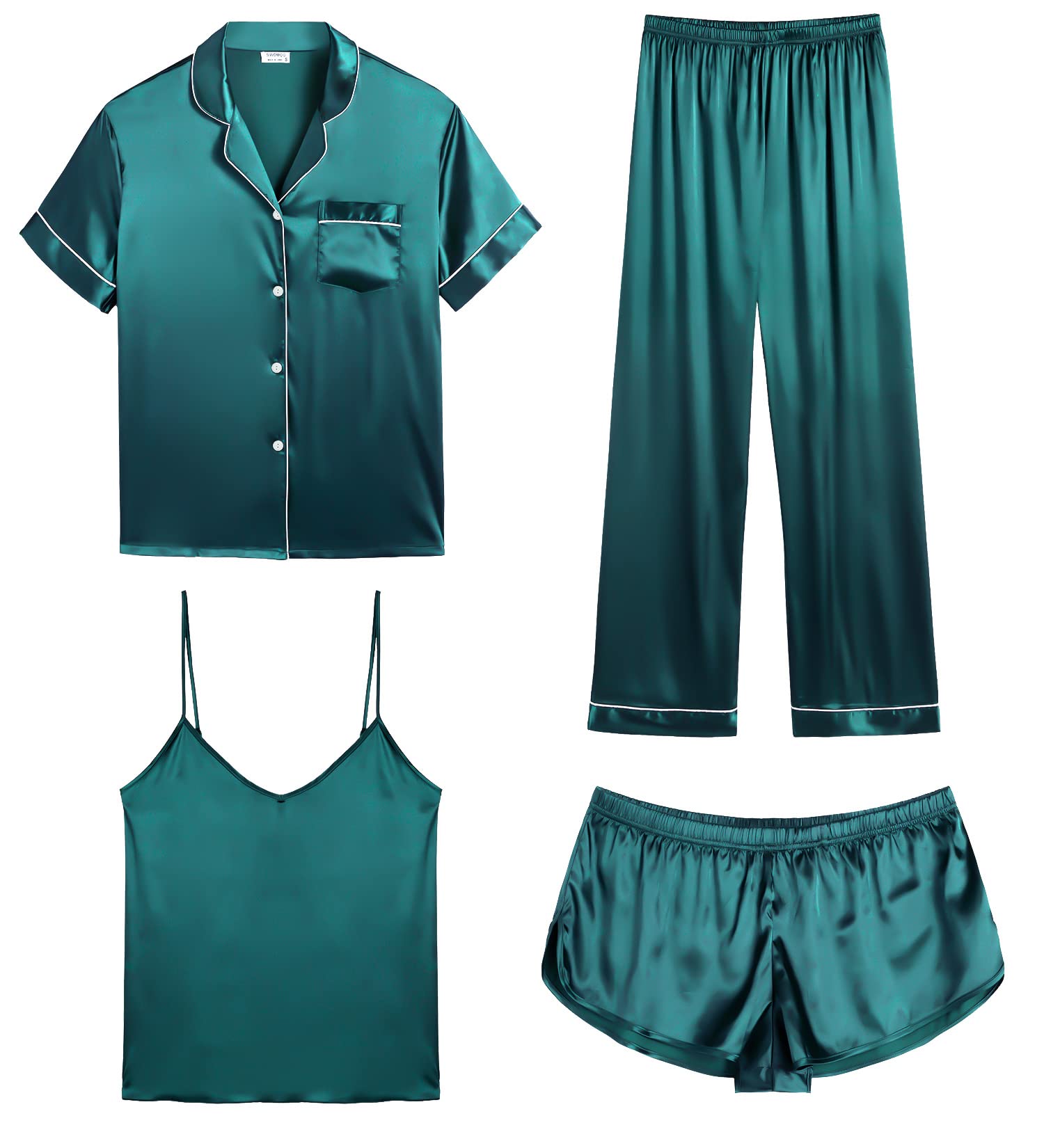 SWOMOG Womens Silk Satin Pajamas Sets 4pcs Sleepwear Sexy Cami Shorts Set and Button Down Short Sleeve Pjs Loungewear