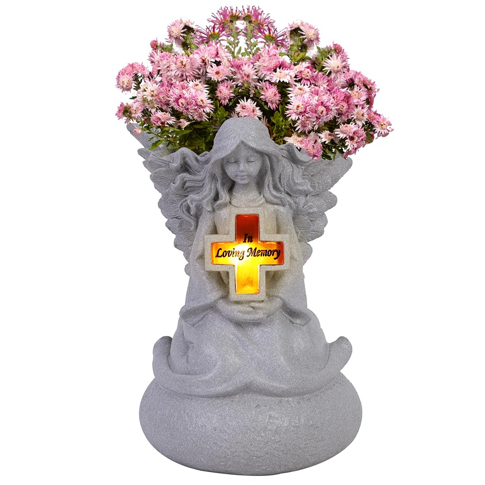 Jarrón De Cementerio Con Alas De Ángel - Resina Blanca, 14.8 Pulgadas, Incluye Estaca, Para Flores