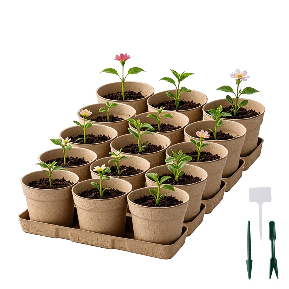 Xiaomianyang Khaki Biodegradable Plant Pot & Saucer Set Compostable Seedling Pot 10Cm Flower Growing Pot Plant Nursery Pot For Flower Herbs Cutting Seedling & Transplanting (15 Plant Pots With 5 Matchingtrays)