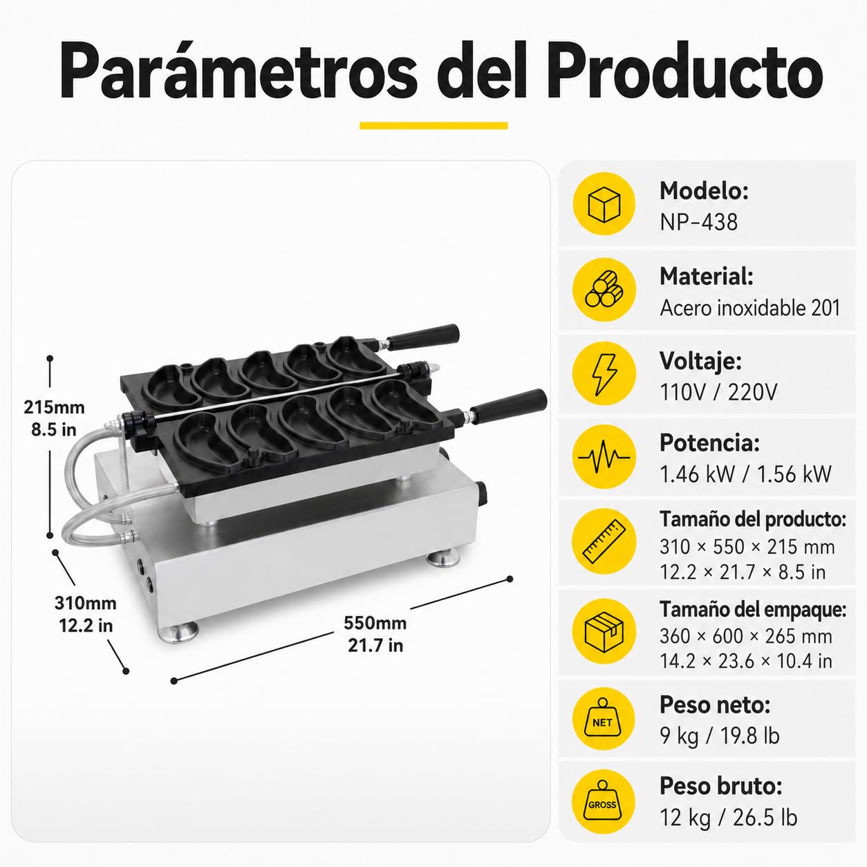 Gofrera Profesional con Forma de Plátano, 5 Gofres por Hornada, Placas Antiadherentes, Temporizador y Temperatura Ajustables, para Cafeterías, Heladerías, Churrerías y Food Trucks