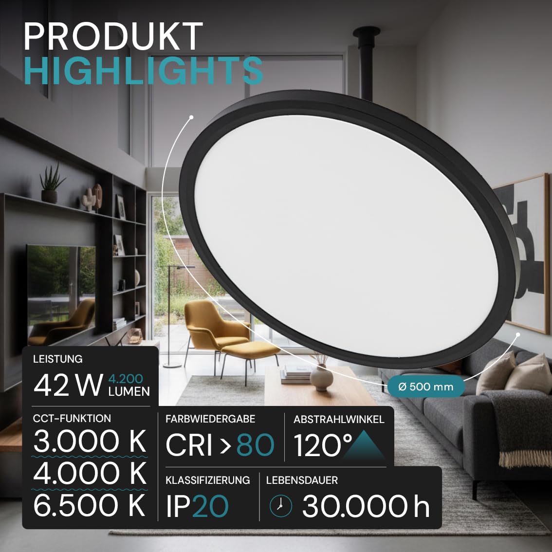 LUXULA 2 Stück LED Deckenleuchte flach Ø50cm, Schwarz, 22W 2200lm, CCT