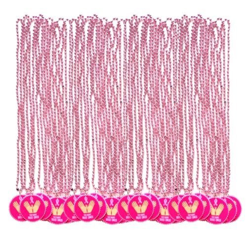 Voopurbic 36 Pcs Breast Cancer Awareness Beaded Necklaces, Pink Mardi Gras Necklaces With Ribbon Pendants For Breast Cancer Month Accessories