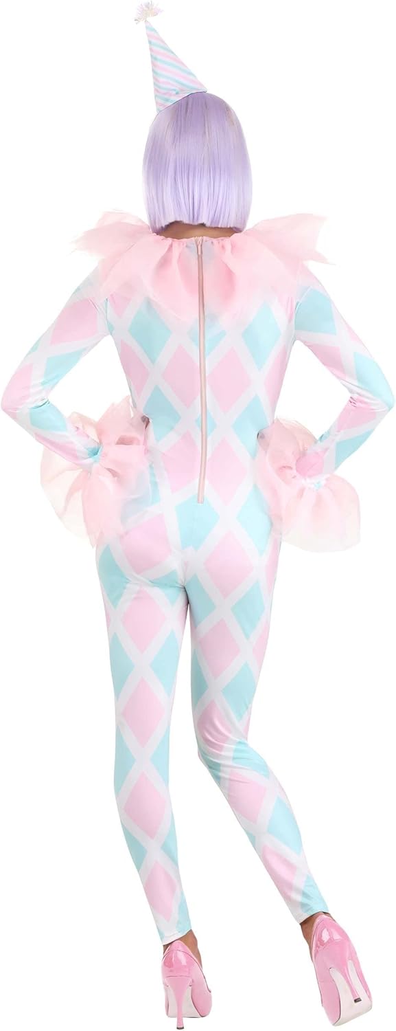 Pastel Women's Diamond Clown Costume - Stretch Jumpsuit with Chiffon Cuffs & Striped Hat, Tinsel Pom - Image 5
