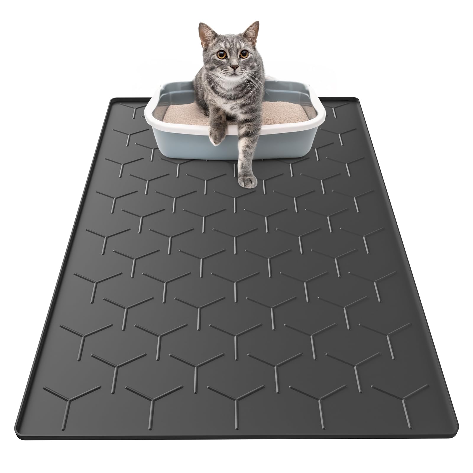 Garoopion Tappetino Lettiera Gatto, 86x56 cm Taglia Grande Tappeto Lettiera Gatto, Silicone Impermeabile Facile da Pulire, Nero