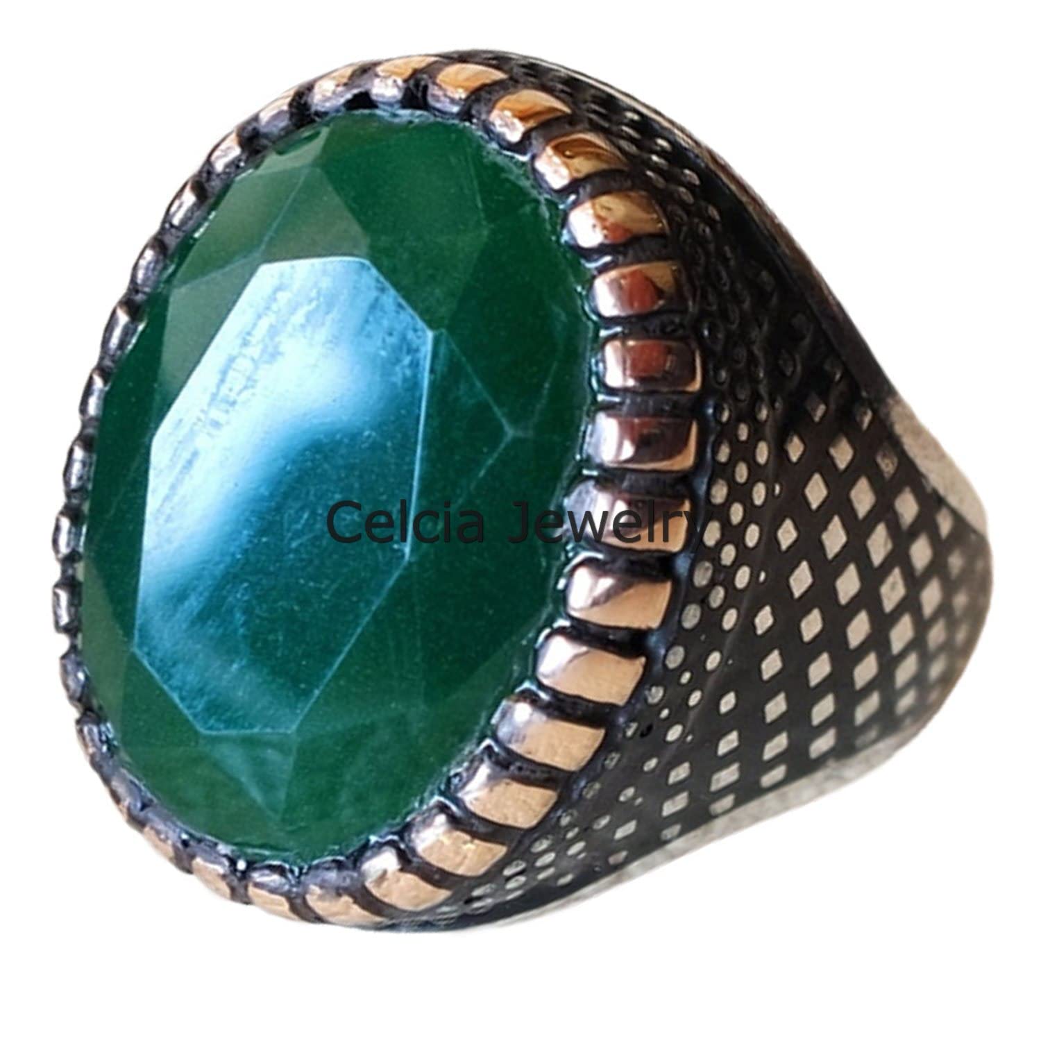Smaragd echter grüner Edelstein facettierter ovaler Ring, schöner handgefertigter Siegel-Statement-Ring, Vatertagsgeschenk, silberner Emaille-Ring, Mai-Geburtsstein-Geschenk (Smaragd)