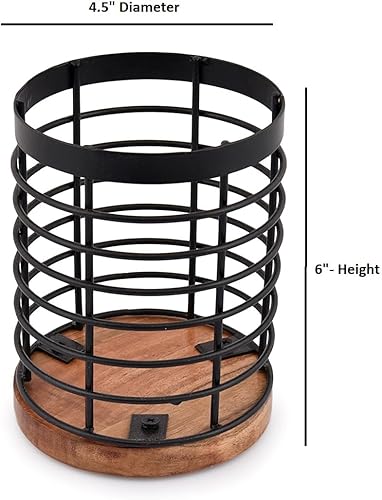 Miniatura 5 de EDHAS Soporte redondo para utensilios de cocina de hierro negro con base de madera de acacia, almacenamiento de cubiertos para encimera (4.5 x 4.5 x