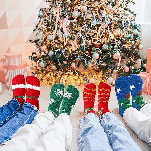 Image of Suhine 48 Pairs Christmas Fuzzy Socks Colorful Cozy Fluffy Christmas Socks Holiday Winter Warm Soft Slipper Socks Women Kids