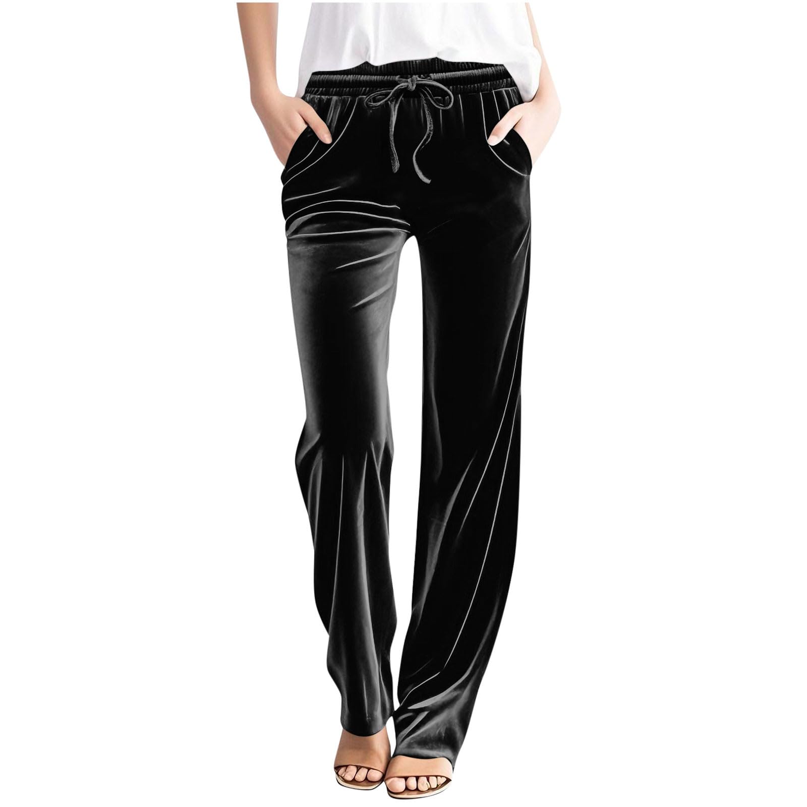 Straight Leg Pants Women Casual Loose High Waisted Drawstring Velvet Trousers with Pockets Comfortable Palazzo Pants