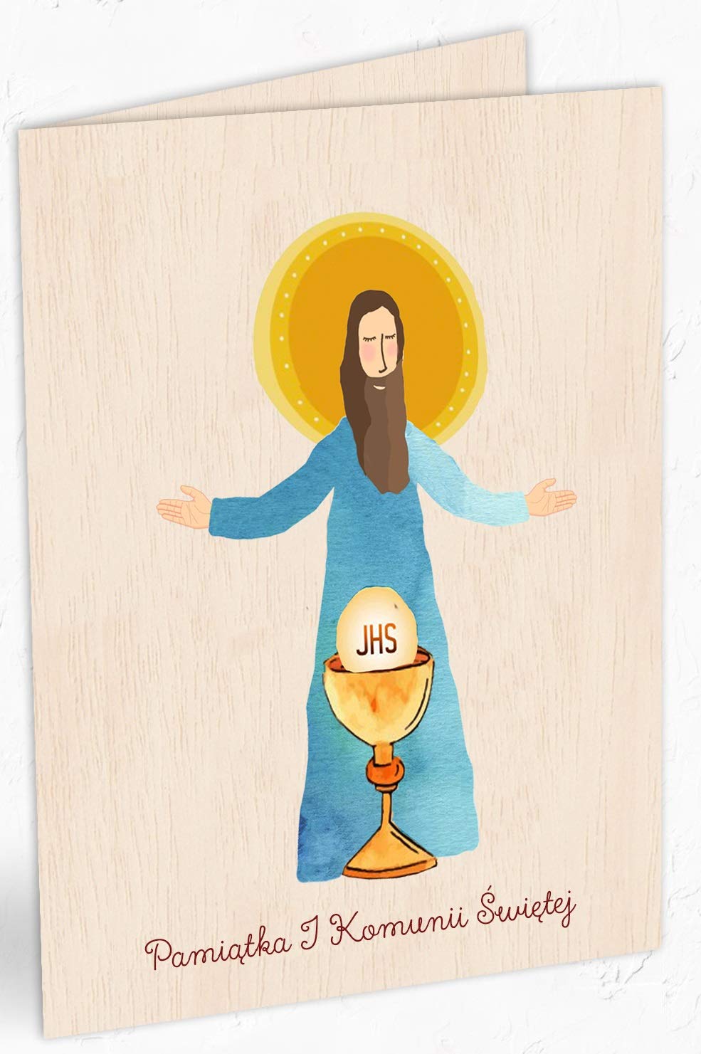 Karnet drewniany C6 + koperta Komunia Jezus
