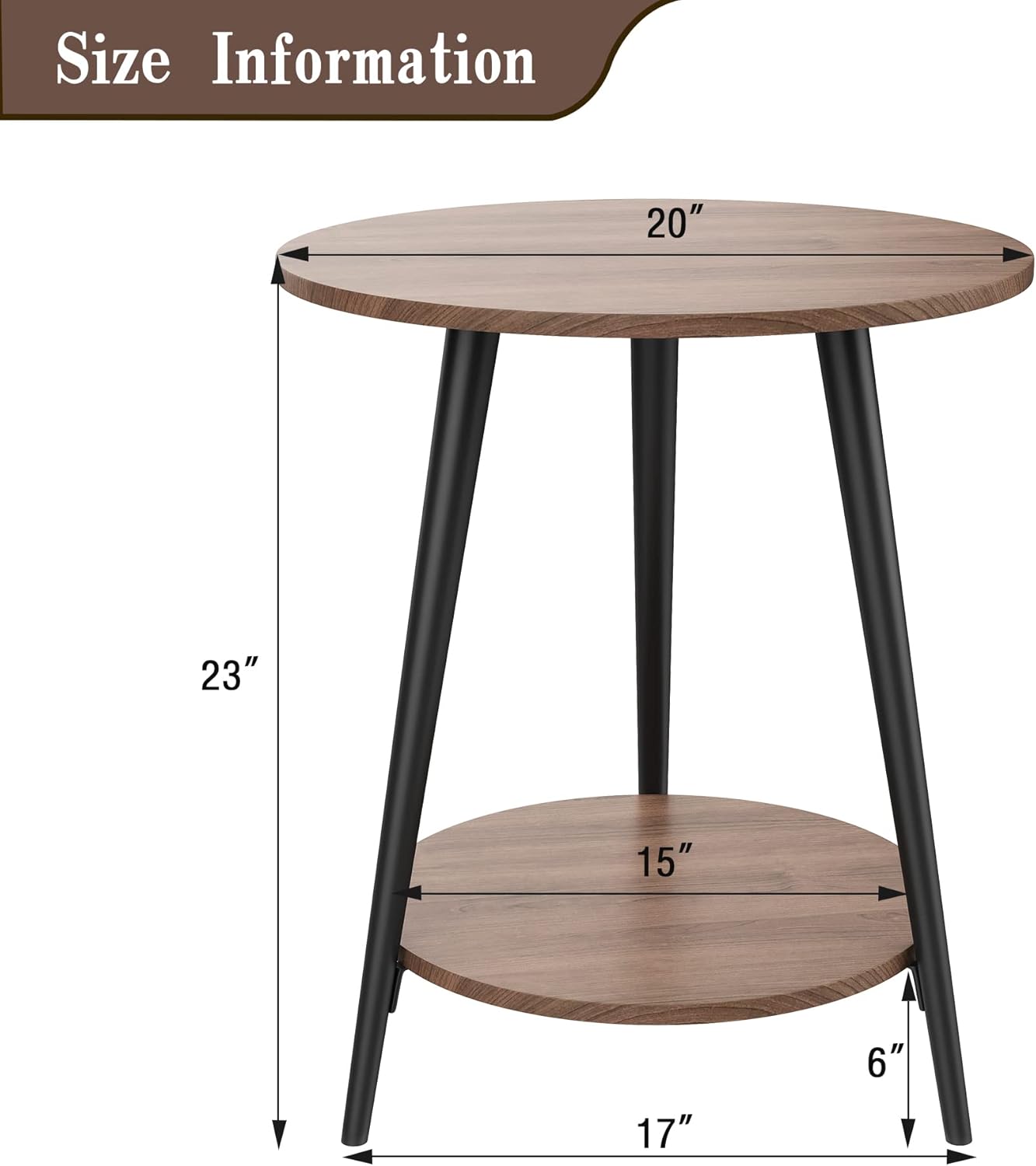 Yongchuang 20" Round End Table Farmhouse Side Table for Living Room Bedroom Nightstand Accent Table with 2-Tier Wood Top Storage Shelf