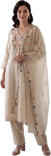 INDO ERA Women's Cotton Blend Solid Straight Kurta Palazzo With Dupatta Set Price In India