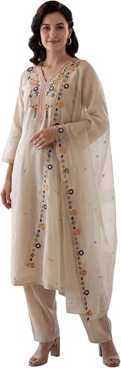 INDO ERA Women's Cotton Blend Solid Straight Kurta Palazzo With Dupatta Set