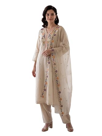 INDO ERA Women's Cotton Blend Solid Straight Kurta Palazzo With Dupatta Set