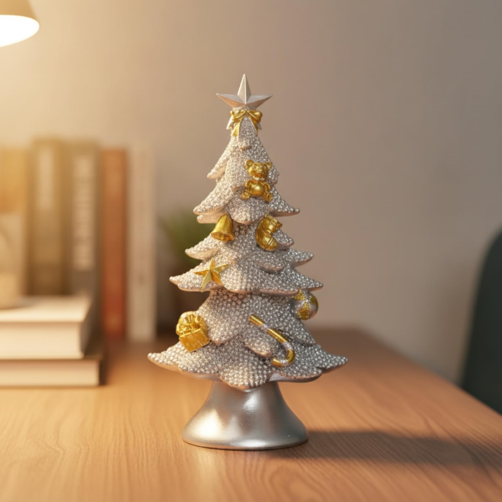 Sapin Noël en Résine Stable Sapin Miniature avec Étoile Charmant Mini Décoration Noël pour Bureau, Doré, Doré