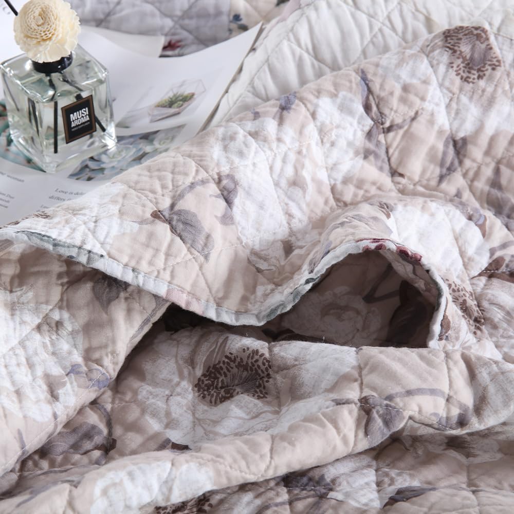 Cotton Bedspread Quilt Bedding Sets 3 Pieces Reversible Coverlet Sets Comforters Vintage Floral Patchwork White Bedspread, Queen Size - Image 9