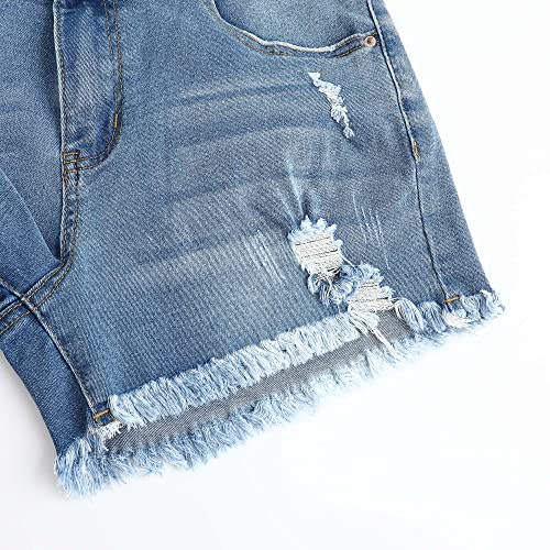 Image of THUNDER STAR Women Mid Rise Ripped Stretchy Jeans Shorts Frayed Raw Hem Casual Denim Shorts