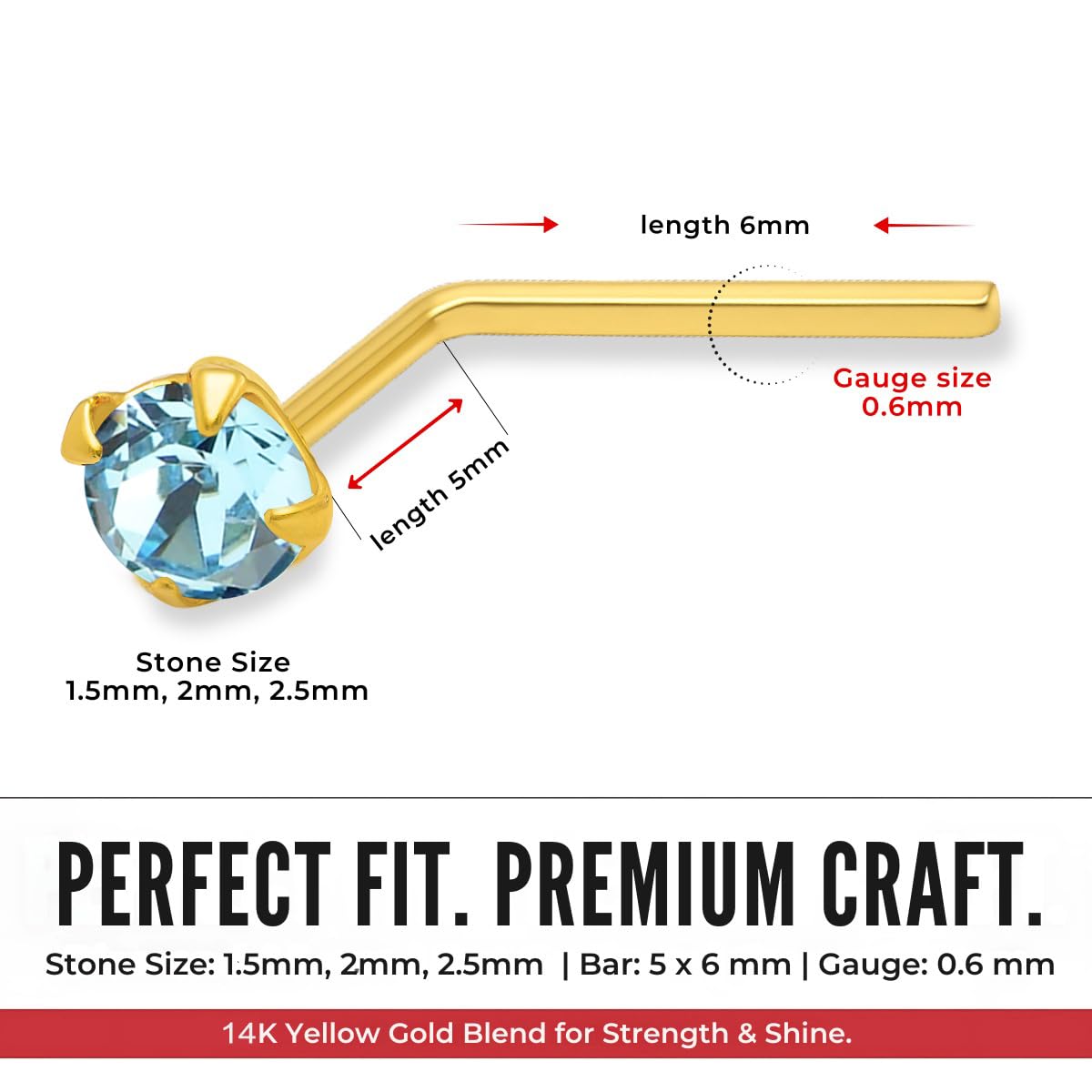 14K Gelb Gold Klauen gesetzt Aquamarin Runde Crystal Stein 22 Gauge L Bend Nase Stud Piercing