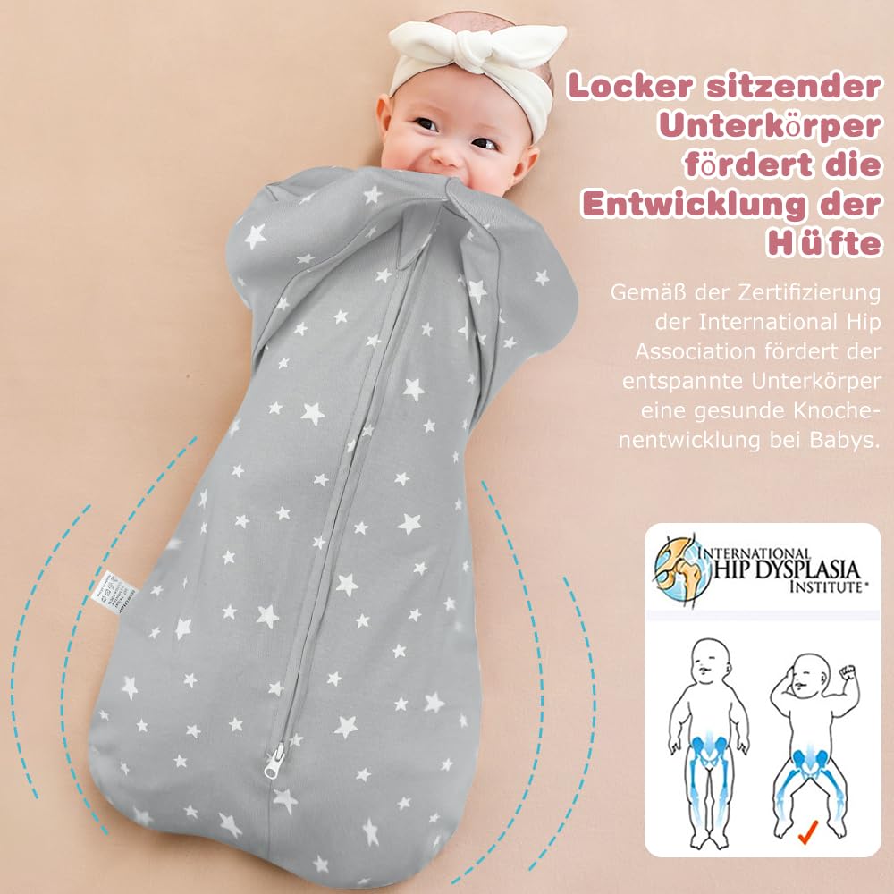 Emmaillotage Bébé en Coton, Sac de Couchage Enfant Favorise Un Développement des Hanches, Couverture Bébé Fermeture Éclair à Double Sens, Gigoteuse Naissance Garçons Filles, Gris, 3-6 Mois