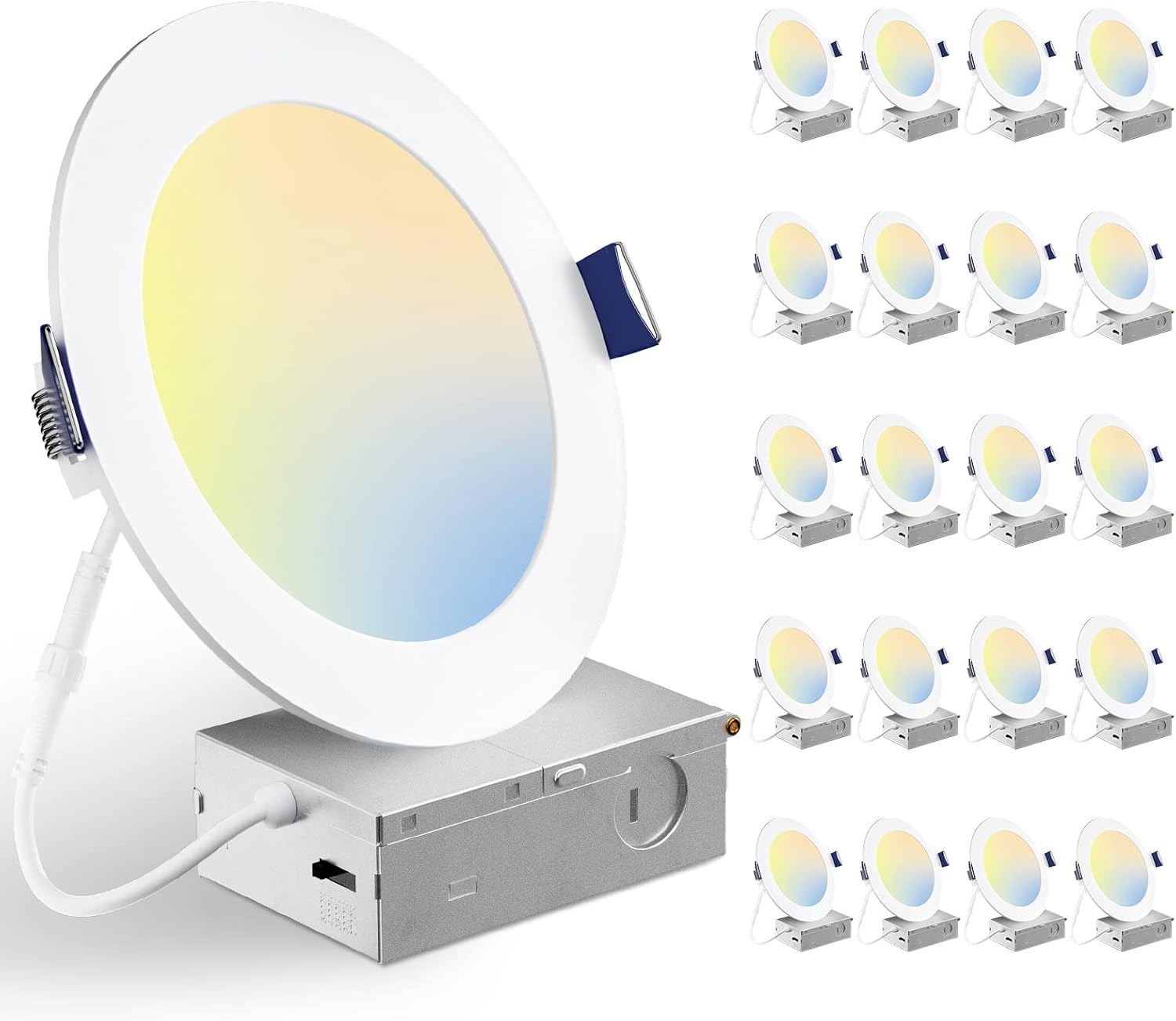 BBOUNDER 20 Pack 6 Inch 5CCT Ultra-Thin LED Recessed Ceiling Light with Junction Box, 2700K/3000K/3500K/4000K/5000K Selectable, 12W Eqv 110W, Dimmable Canless Wafer Downlight, 1050LM - ETL&FCC