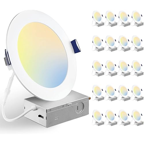 BBOUNDER 20 Pack 6 Inch 5CCT Ultra-Thin LED Recessed Ceiling Light with Junction Box, 2700K/3000K/3500K/4000K/5000K Selectable, 12W Eqv 110W, Dimmable Canless Wafer Downlight, 1050LM - ETL&FCC