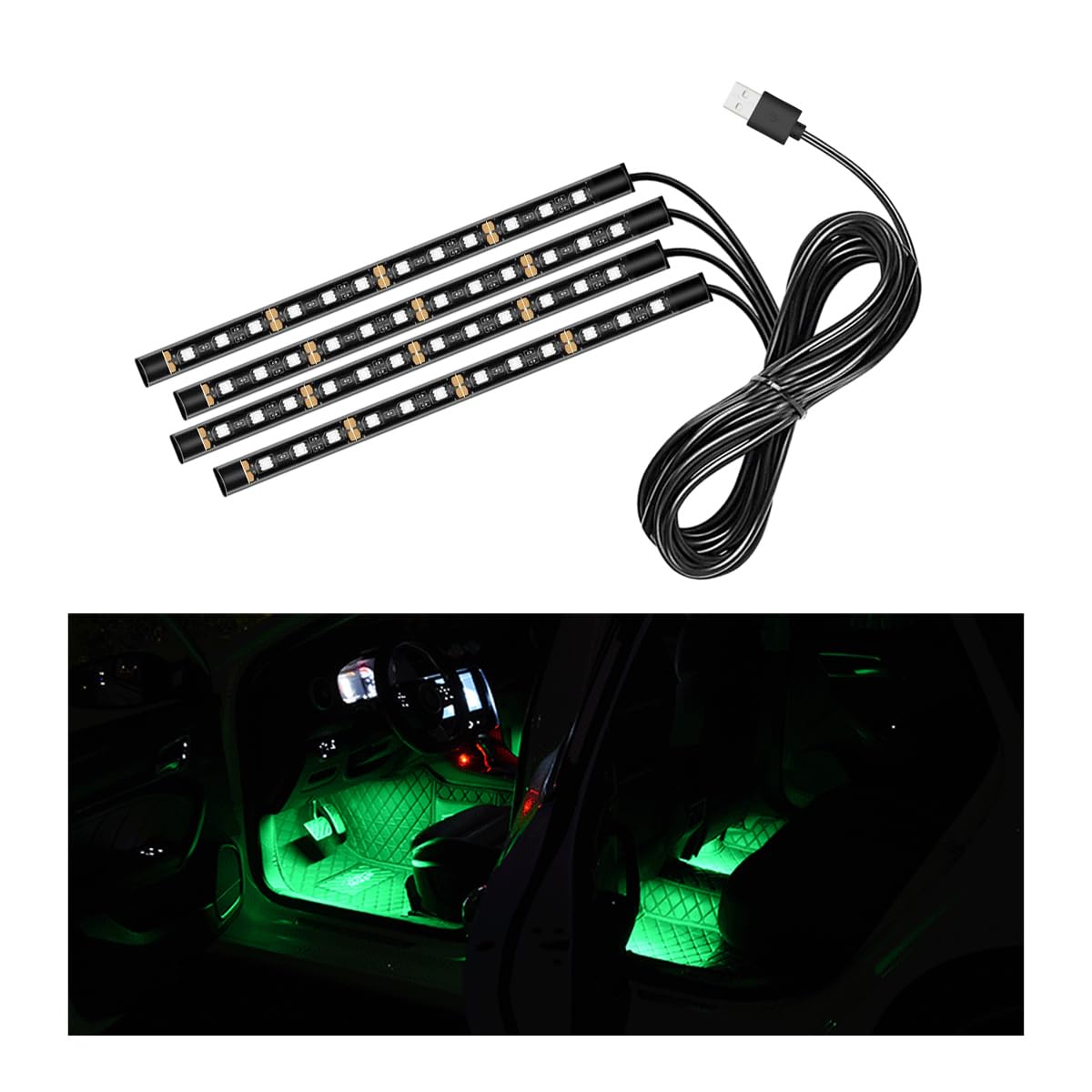 Car LED Strip Light, 48 LED RGB Auto Interior Atmosphere Lights, USB Vehicle Under Dash Ambient Night Light Strip, Interior Decorative Lamp Lighting Kit Car Accessories (Green)