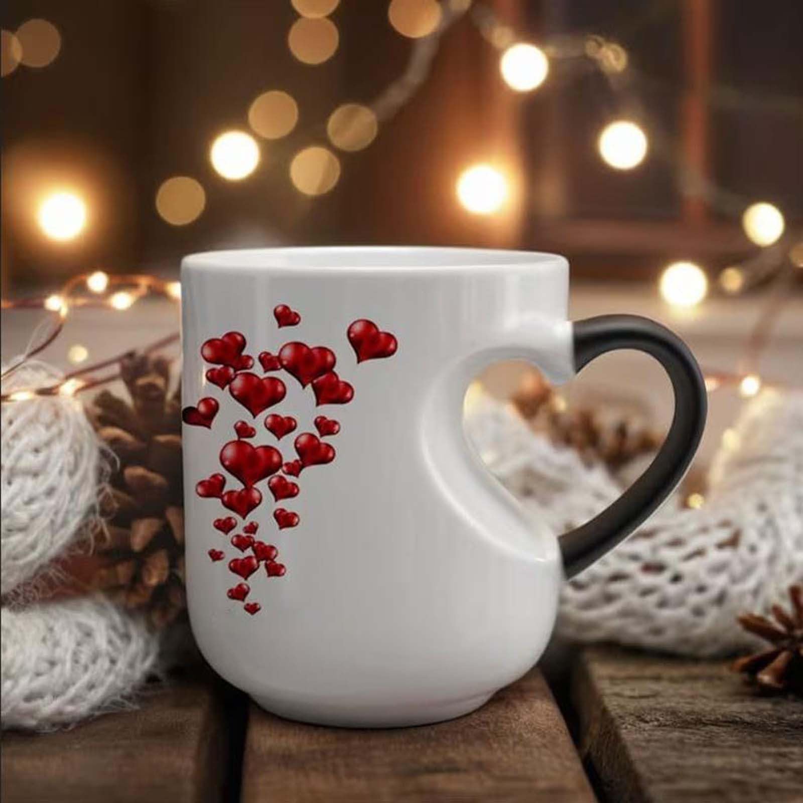 Magiczny kubek ceramiczny w kształcie serca zmieniający kolor zabawny zmieniający kolor kubek do kawy z uchwytem w kształcie serca, termochromowy magiczny wzór ujawnienia, prezent na Walentynki, Dzień