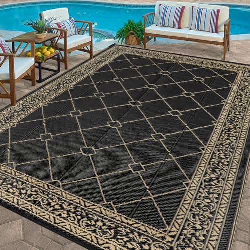 Enyhom Groß Outdoor Teppich 150 x 240 cm, Wendbarer RV Camping Außenteppich, Strapazierfähiger Kunststoff Flachgewebe Picknickdecke, Recycelter Wasserdicht Tragbar Balkonteppich für Terrassen Eingang