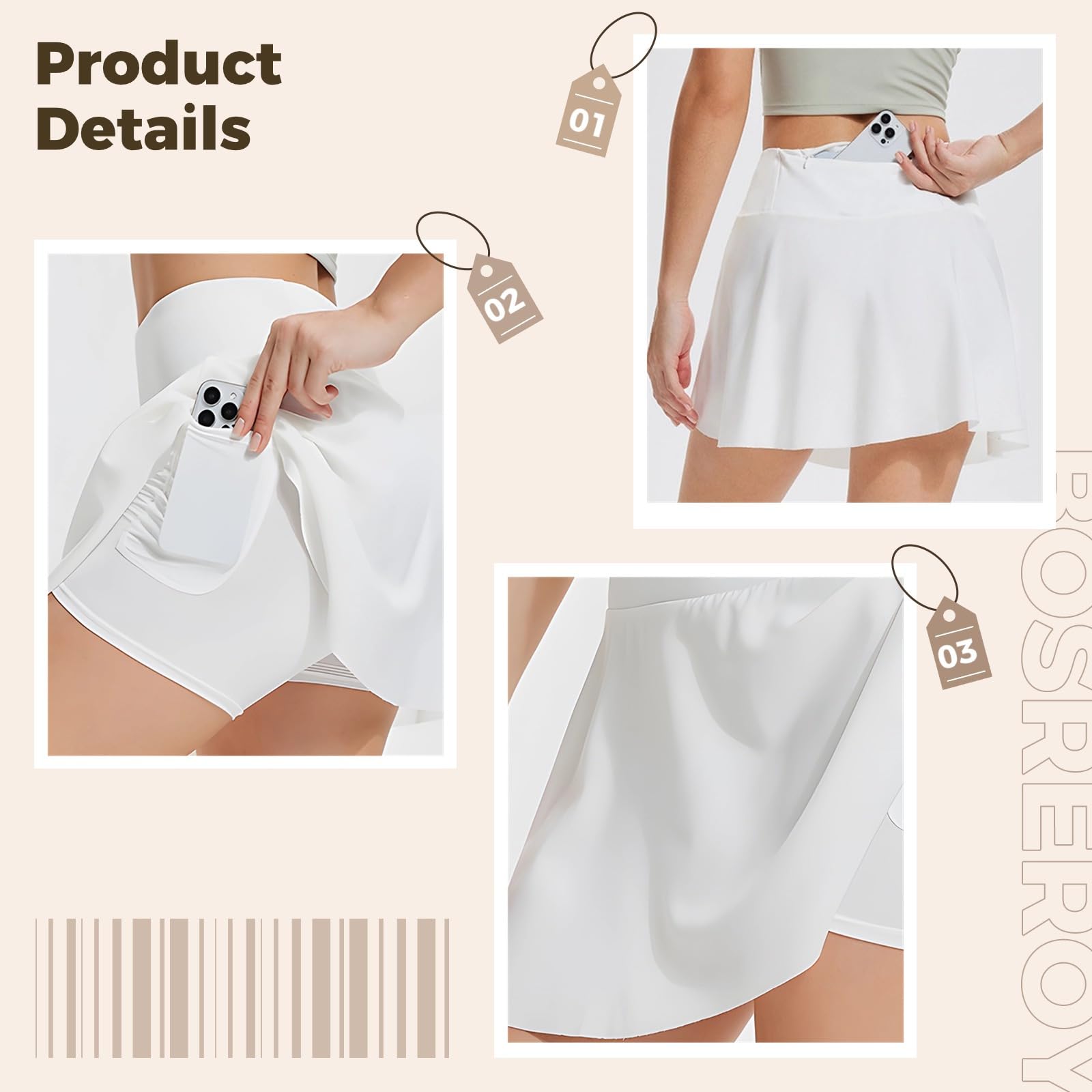 Jupes de tennis pour femmes, en polyester élasthanne, jupe-short noir avec poches et short intégré, XXXL pour 65,8 à 72,6 kg, blanc, Taille unique