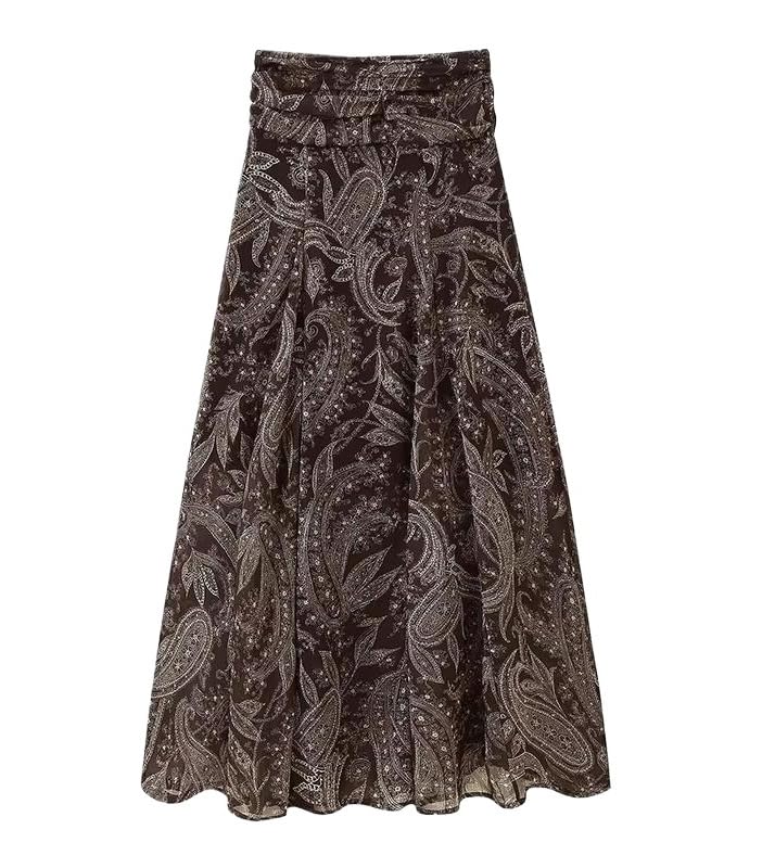 Womens Vintage Print Midi Skirt Casual A-Line Ankle Length