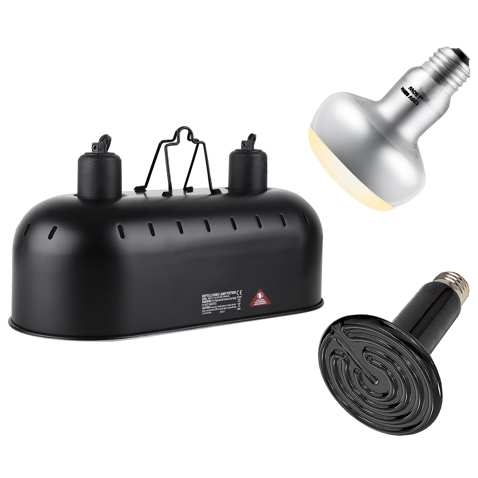 DXOPHIEX Dual Reptile Light Fixture,Reptile Heat Lamp Fixture with 150W Intense Basking Bulb&Ceramic Heat Emitter,Double Dome Heat Lamp for Lizard,Gecko,Bearded Dragon,Tortoise,Snake,Chameleon