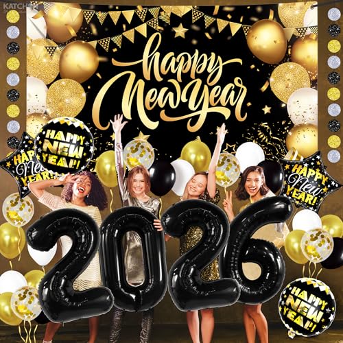 KatchOn, New Years Decorations 2026 Set - Big Pack of 42 | Black and Gold Happy New Year Banner, 2026 Balloon Numbers, New Year Foil Balloons | NYE Decorations 2026, New Years Eve Party Supplies 2026 by KatchOn - Image 7
