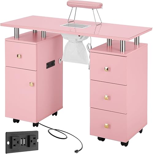 Tbale de uñas rosa para tecnología de uñas, mesa de manicura con colector de polvo eléctrico, 4 cajones y 1 gabinete de almacenamiento, ruedas con