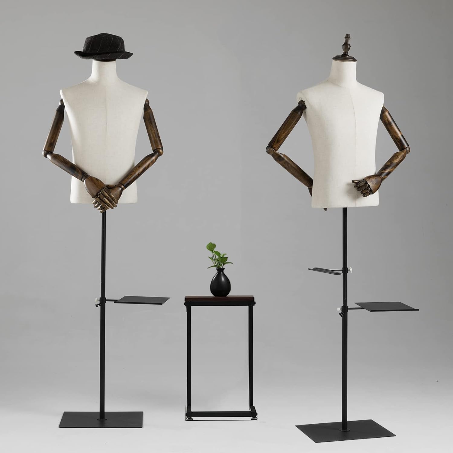 53-76inch Male Mannequin Torso with Wooden Arms Metal Stand, Height Adjustable Dress Form Male with Detachable Trousers Rack and Shoe Holder, Pinnable Torso Display for Clothing Retail Sewing Shop