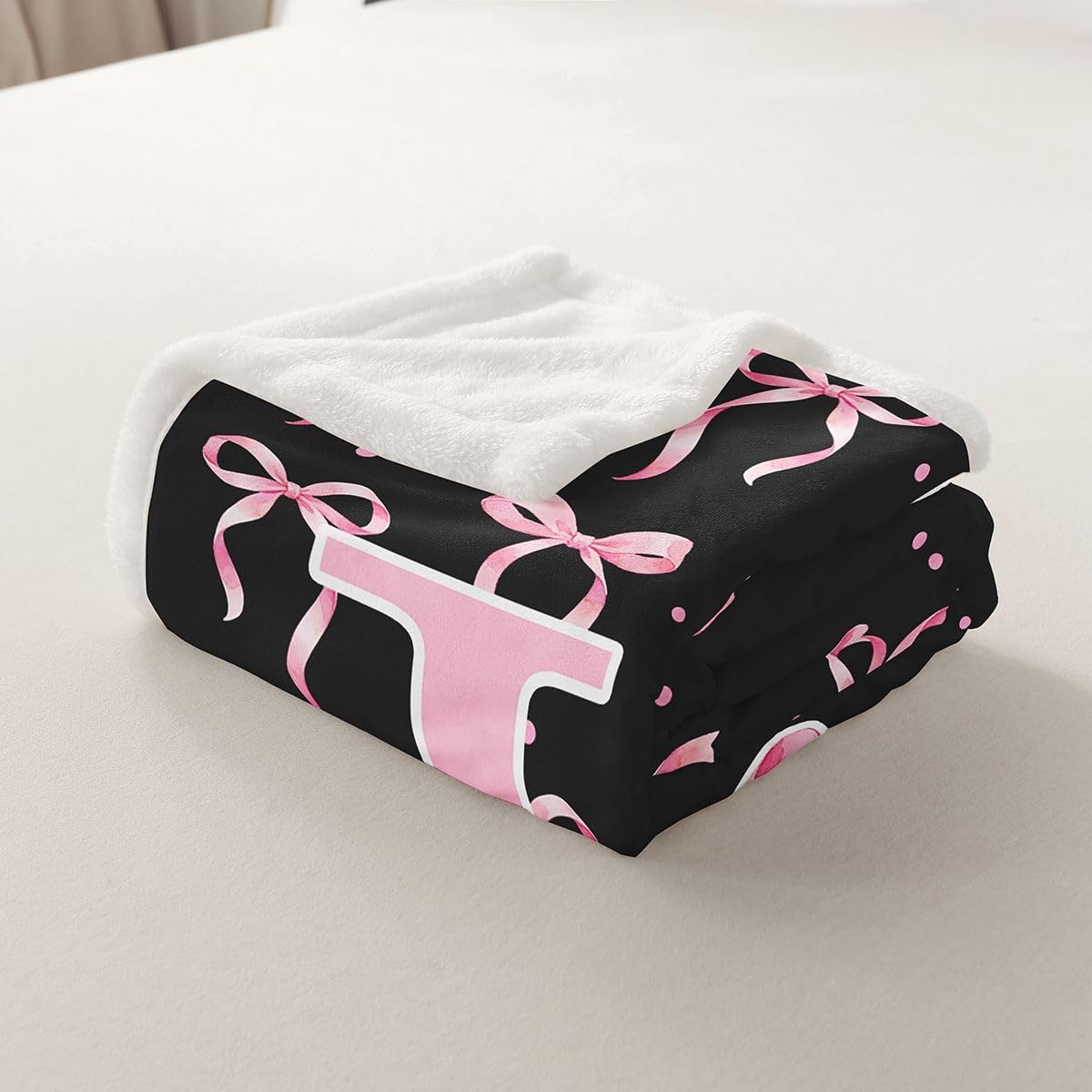 Feelyou Girls Pink Black Bow Fleece Throw Blanket Letter 'J' Sherpa Blanket for Kids Women Men Plush Fuzzy Kawaii Princess Twin 60"x80" Coquette Aesthetic for Bed Couch Chair Living Room Bedroom Decor image 3