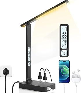 LED Desk Lamp with 2 USB Charging Ports & 2 AC Power Outlets, Desk Lamps for Home Office with Night Light & 5 Color & 5 Brightness, Touch Control Timer Desk Light with Clock, Alarm, Date, Temperature