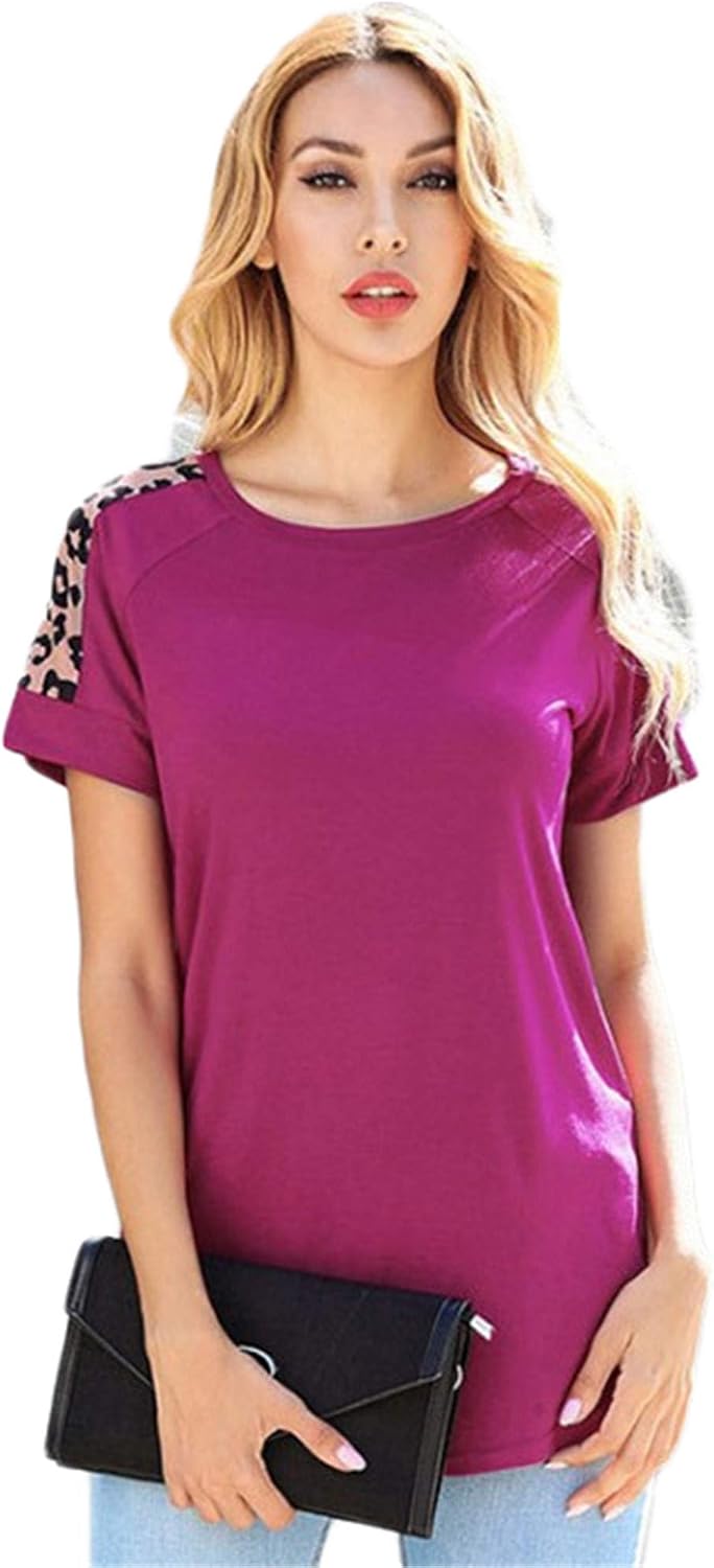 Andongnywell Women's Summer T-Shirts Leopard Print Shirt Short Sleeve Crewneck Casual Tops for Women Blouses T Shirt
