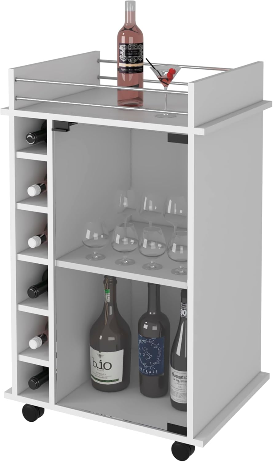 Bar Cart, Two Tier Cabinet with Glass Door, Six Cubbies for Liquor