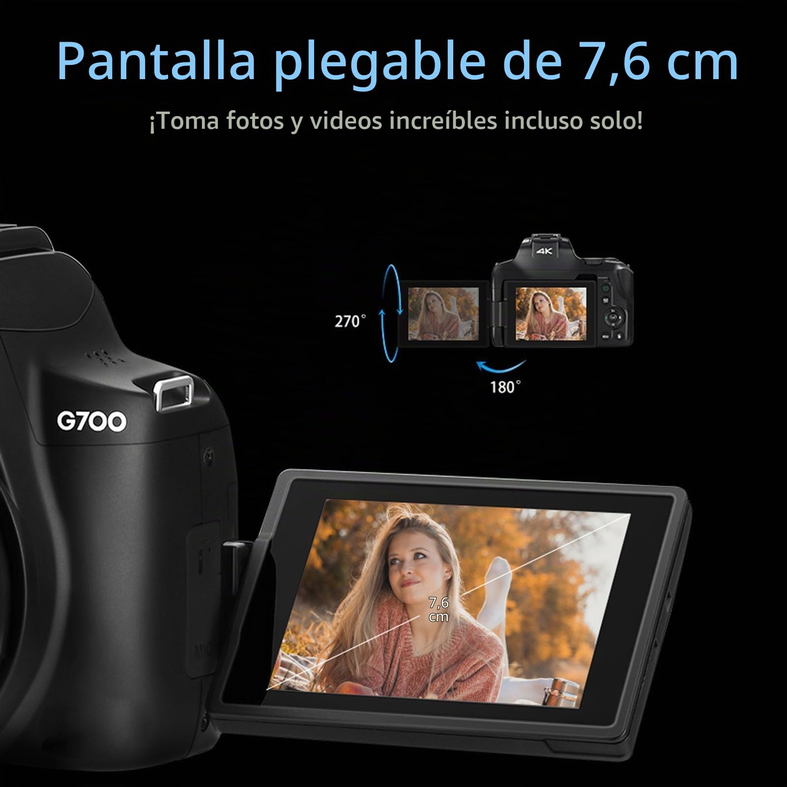 Tbest Cámara Digital 4K, Compacta para Fotografía y Vídeo WiFi 64MP 12x 30x Zoom óptico Enfoque Automático Pantalla Abatible de 270 Grados Cámara Vlogging con Aplicación