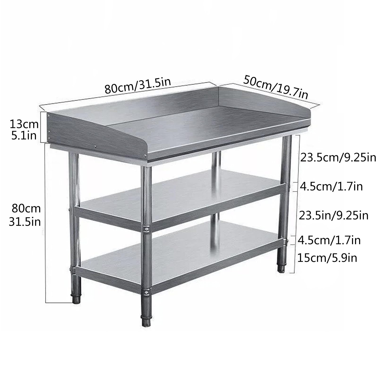 Tavolo da Lavoro in Acciaio Inox A 3 Ripiani,Tavolo di Preparazione Alimenti per Cucina con Alzatina,Banco da Cucina con Alzatina per Ristorante,Hotel, Garage,Magazzino,80x50CM/31.5x19.7IN
