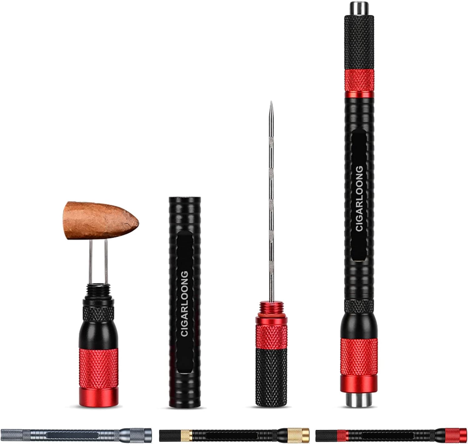 Cigar Punch Multitool Tool 4-in-1 Double Punch and Twin Cigar Draw Enhancer Tool Needle with Gift Box(Black+Red)